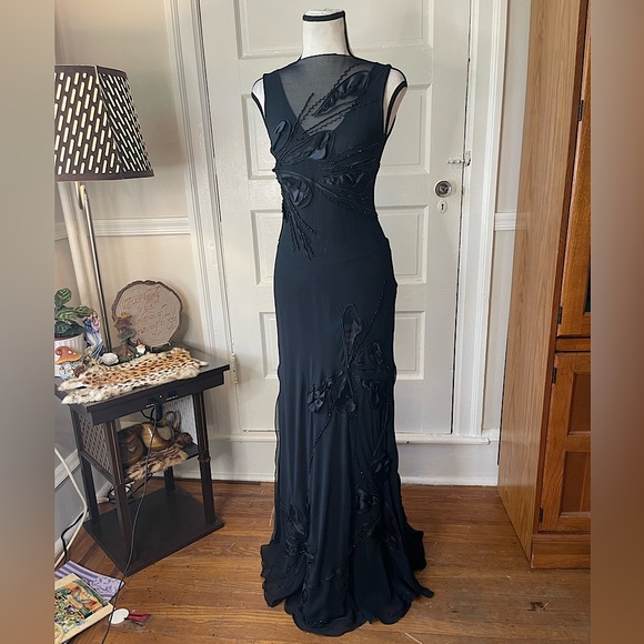 NWOT Elegant Handmade Formal Black Embellished Gown w/ Sheer Neckline | XS - Picture 4 of 14